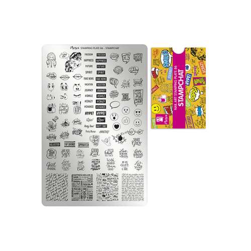 Moyra körmöművészeti nyomdalemez 86 Stampchat, különféle mintákkal, beleértve szavakat, szimbólumokat és képeket