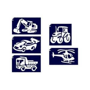 5 pack of vehicle stencils for glitter tattoos, includes tractor, excavator, dump truck, race car, and helicopter designs - Tattoo