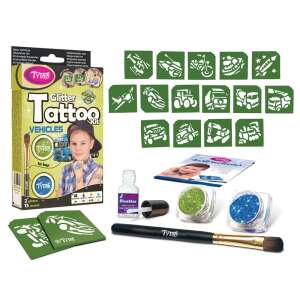 Tyiss Glitter Tattoo Kit Vehicles for boys, 15 stencils, 2 glitters, blue and green, includes glue, brush and instructions - Tattoo