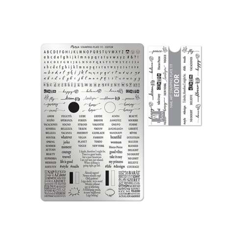 Moyra 111 Editor körömnyomda lemez, különféle betűtípusokkal, szavakkal és mintákkal a köröm művészethez