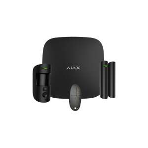 Sistem de alarmă wireless negru Ajax StarterKit Cam BL, include panou de control, senzor de mișcare cu cameră, senzor de ușă/fereastră și telecomandă - Ajax