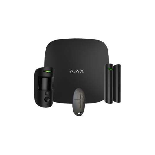 Sistem de alarmă wireless negru Ajax StarterKit Cam BL, include panou de control, senzor de mișcare cu cameră, senzor de ușă/fereastră și telecomandă