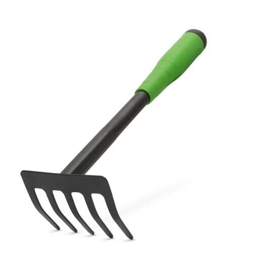 Garden of Eden kézi gereblye zöld nyéllel, 32 cm, fém, kertészkedéshez, ültetéshez és gyomláláshoz