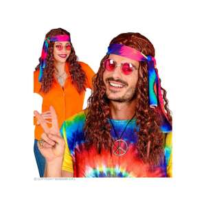 Perucă hippie și bandană tie-dye pentru costume pentru adulți, cu o perucă lungă maro cu păr ondulat și o bandană colorată tie-dye - Frumusețe și sănătate