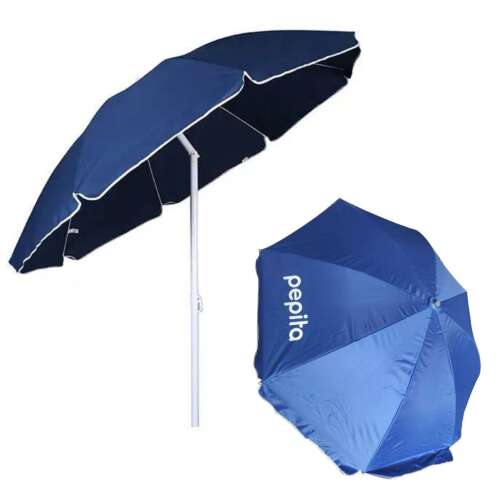 Pepita 2.4m blue beach umbrella with UV protection, open and folded view