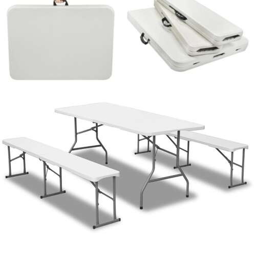 Pepita Klapptisch und Bänke Set, weißer Garten Esstisch für Outdoor-Veranstaltungen