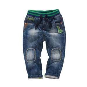 Blugi pentru băieți mici, din denim albastru, cu o aplicație cu dinozaur, talie elastică și petice pe genunchi - Next
