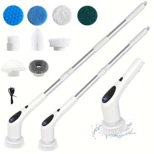 Perie Electrica Rotativa pentru Curatare Bucatarie, Baie, Pardoseala, Geamuri, Masina, Control Vocal, 9 Capete, Autonomie 100 de Minute, 450 RPM, 3 Viteze, Maner Extensibil de 123 cm, Reincar