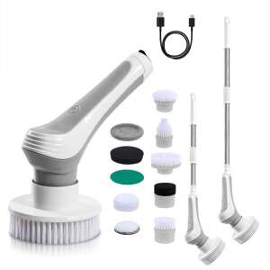 Perie Electrica Rotativa pentru Curatare Bucatarie, Baie, Pardoseala, Geamuri, Masina, 10 Capete, Autonomie 60 de Minute, 400 RPM, 2 Viteze, Maner Extensibil de 106 cm, Reincarcabila USB, Alu