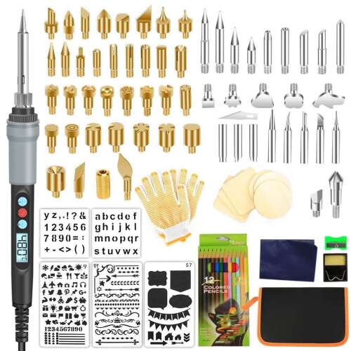 Wood burning tool kit with 110 pieces, LCD digital display, adjustable temperature, soldering iron tips, wood carving tips, stencils, colored pencils, gloves, and carrying case