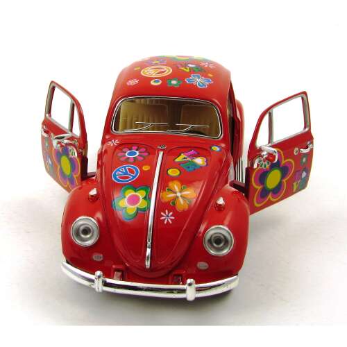 Piros Volkswagen Bogár 1967 virágos és békejel matricákkal, 1:24 méretarányú fém modell autó - Kinsmart