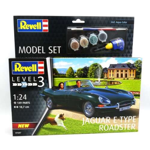 Revell 1:24 méretarányú modellkészlet Jaguar E-Type Roadster-hez, festékeket és ecsetet tartalmaz 