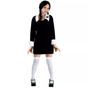 Gothic Schulmädchen Kostüm - Schwarzes Kleid mit weißem Kragen und Manschetten, Spinnendetail - Godan