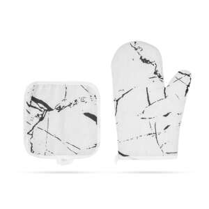 Family Kitchen Glove and Pot Holder Set, heat resistant oven mitt and pot holder, black and white marble design - Oven Mitt