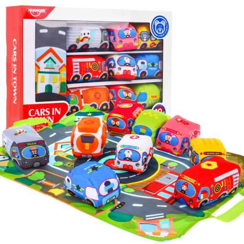 Cars in Town Take Along Play Set by Huangchen, 9 colorful cars and a play mat with roads and buildings