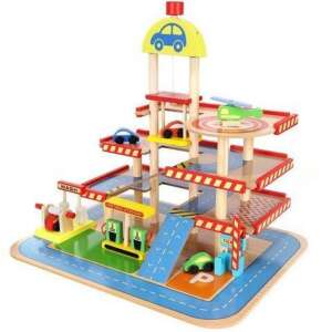 LittleONE by Pepita dwupoziomowy drewniany garaż z samochodami i akcesoriami