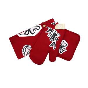 Piros virágmintás konyhai szett, 2 db edényfogó és 1 db sütőkesztyű - SELOWEI