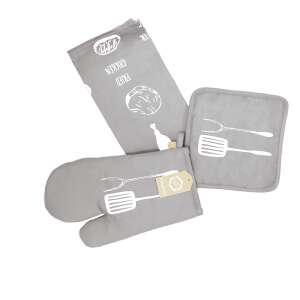 Szürke konyhai szett sütőkesztyűvel, edényfogóval és konyharuhával, konyhai eszközök és sült csirke mintával - SELOWEI