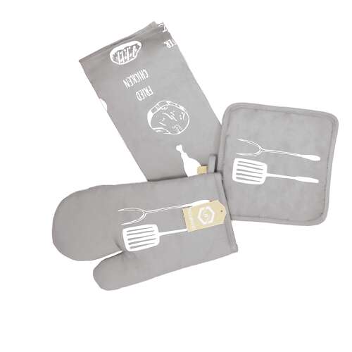 Szürke konyhai szett sütőkesztyűvel, edényfogóval és konyharuhával, konyhai eszközök és sült csirke mintával