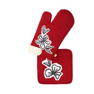 Piros virágmintás sütőkesztyű és edényfogó szett - SELOWEI