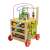 Wooden activity walker with multiple activities for babies, including a bead maze, shape sorter, clock, and number beads