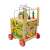 Wooden activity walker with multiple activities for babies, including a bead maze, shape sorter, clock, and number beads