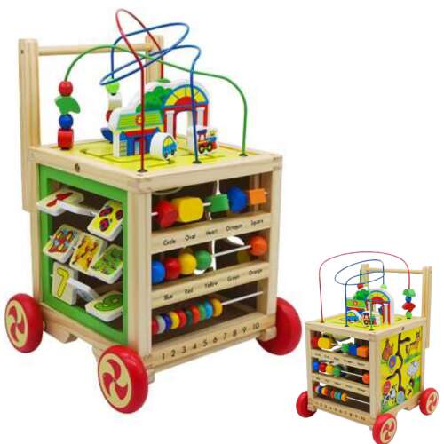 Wooden activity walker with multiple activities for babies, including a bead maze, shape sorter, clock, and number beads