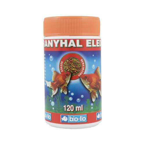 Bio-Lio Aranyhal Eledel 120ml, aranyhalak számára, apró golyós, liofilizált, tartósítószer mentes, a víz felszínén lebeg, növényi összetevőket tartalmaz, állati eredetű kiegészítő táplálékot is adjunk mellé