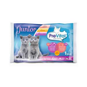 PreVital Junior macskaeledel, 4x100g-os tasak, lazac-pisztráng és bárány-pulyka ízesítéssel - Macskaeledel
