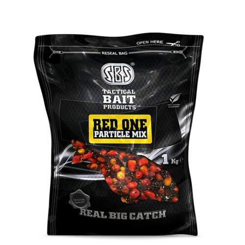 SBS Tactical Bait Products Red One Particle Mix 1kg, tigrismogyoró, kukorica és kender magkeverék, Red One Juice-ban áztatva, kész felhasználásra, pontyhorgászatra