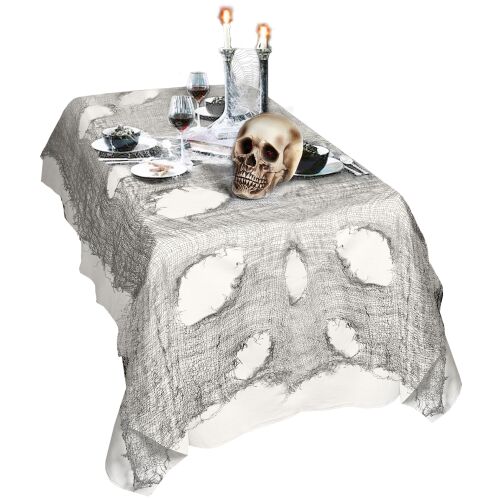 Halloween szürke hálós asztalterítő koponyával és gyertyákkal az asztalon - Widmann