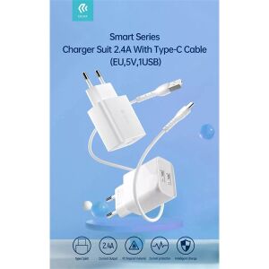 Devia Smart Charger 2.4A with USB-C Cable, White, Dual USB Ports - Phone Charger