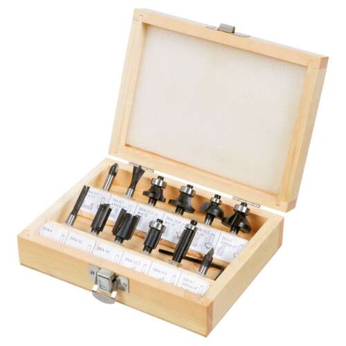 VERTO 12-piece router bit set with 8mm shank, for precise woodworking
