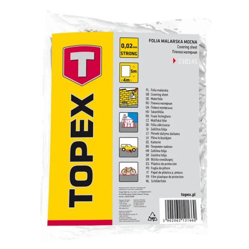 Topex LDPE maszkoló fólia csomagolása, 0.02mm vastag, 4x5m méret