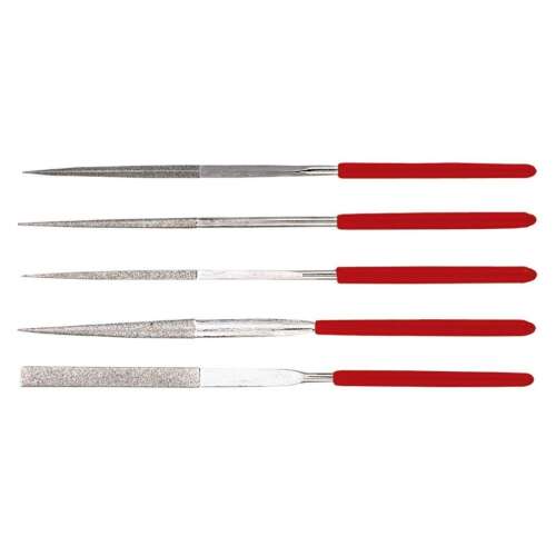 Topex gyémánt tűreszelő készlet 5 db, 140 mm hosszú, 4 mm átmérőjű, piros gumírozott markolattal, szerszámok élezésére és felületek simítására