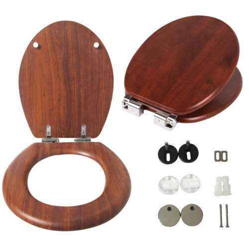 Capac WC Pepita MDF cu aspect de lemn, cu balamale cu închidere lentă și accesorii de montare