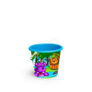 Kék műanyag homokozó vödör dzsungel állatokkal mintával, vízilóval, oroszlánnal és más állatokkal - Szabadtéri játék és felszerelés