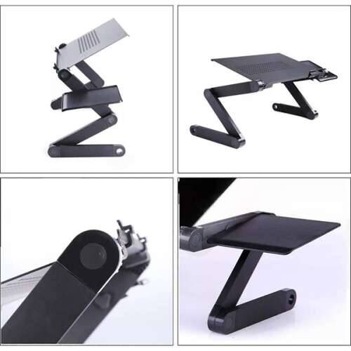 Kollázs az állítható laptoptartóról, különböző szögekből és funkciókkal