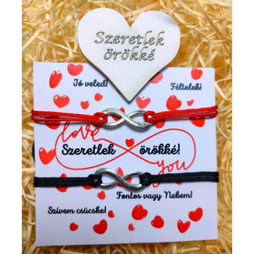 Piros és fekete végtelen szimbólum karkötők 'Szeretlek örökké' üzenettel, tökéletes pároknak