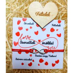 Piros végtelen zsinóros karkötő ezüst végtelen medállal, szív alakú fa táblával 'Örökké szeretlek' üzenettel, tökéletes Valentin-napi vagy évfordulós ajándéknak - Ajándék ötlet Valentin-napra