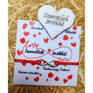 Piros végtelen zsinóros karkötő ezüst végtelen medállal, 'Szeretlek örökké' üzenettel fából készült szíven, tökéletes Valentin-napra vagy évfordulóra - Ajándék ötlet Valentin-napra