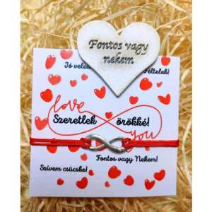 Piros végtelen zsinóros karkötő ezüst végtelen medállal és fa szívvel "Fontos vagy nekem" felirattal, tökéletes Valentin-napi vagy évfordulós ajándék - Ajándék ötlet Valentin-napra