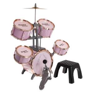 Pink 5-piece drum set with stool for kids, perfect for beginner drummers - Toy Instrument