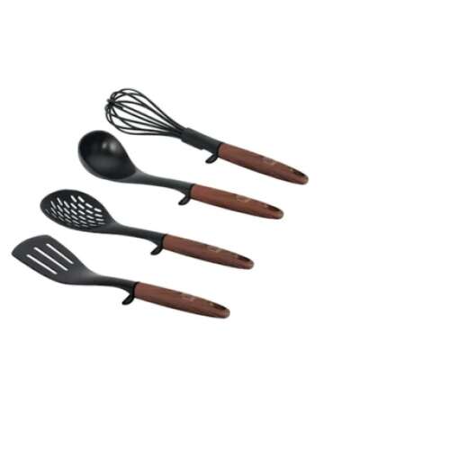 Set de 4 unelte de bucătărie Berlinger Haus Ebony Rosewood Line, include o lingură de servire, o lingură cu găuri, o spatulă și un tel