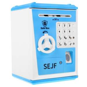 Blue and white safe box piggy bank with fingerprint scanner, keypad, and coin slot - Shop Playset, Shopping