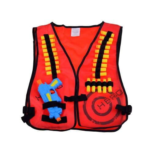 Red toy vest with blue toy gun and yellow foam bullets