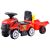 Red toy tractor with trailer and garden tools