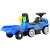 Blue ride-on tractor with trailer, showing the trailer and the rake and shovel accessories