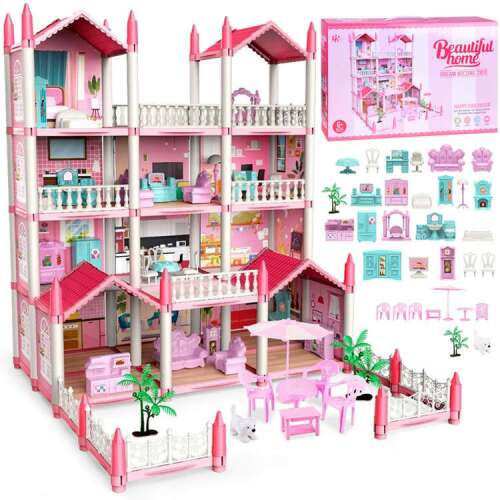 Rózsaszín 10 szobás Barbie villa bútorokkal, 61 cm x 52,5 cm x 51,5 cm, babaház játékszett