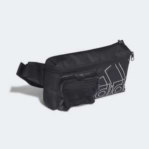 Black Adidas waist bag with white logo, angled view - Belt bag